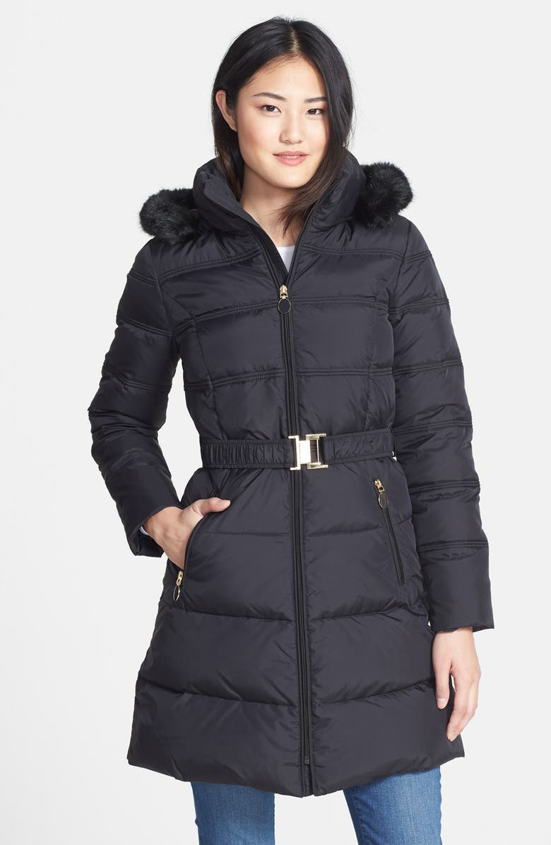 T Tahari 'Mali' Belted Down & Feather Fill Walking Coat with Faux Fur ...