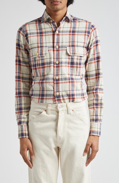 Drake's Check Slub Cotton Button-Up Work Shirt Ecru Navy And Red at Nordstrom,