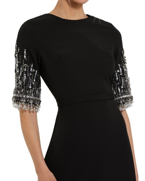 Mac Duggal Crepe A Line Gown With Beaded 3/4 Sleeves In Black