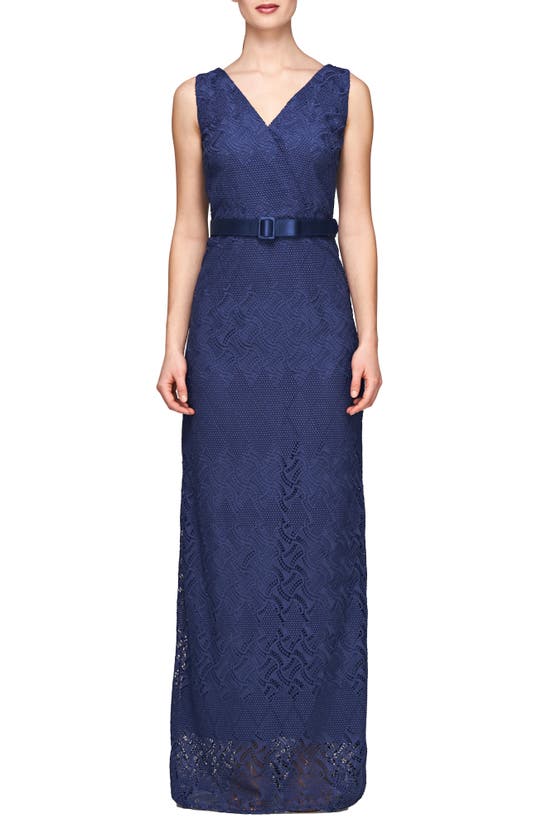 Shop Kay Unger Hendrix Sleeveless Lace Column Gown In Midnight