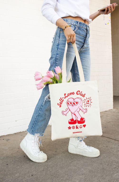 Kiramoon Self-love Club Tote In Cream/red/pink