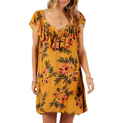 Rip Curl Sunchasers Ruffle Floral Print Cover-Up Dress, Yellow