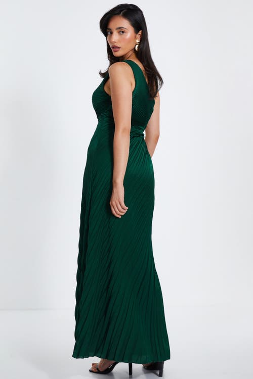 Shop Quiz Satin Pleated One Shoulder Maxi Dress In Bottle Green