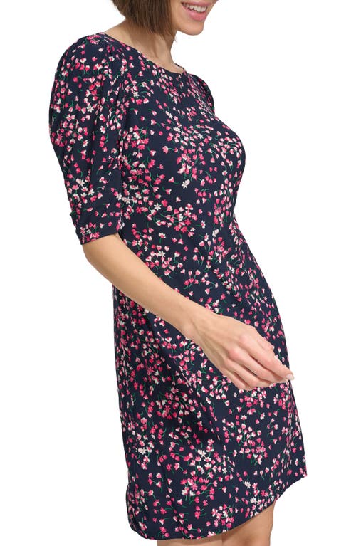 Shop Tommy Hilfiger Ditsy Floral Ruched Sleeve Jersey Shift Dress In Sky Captain/hot Pink