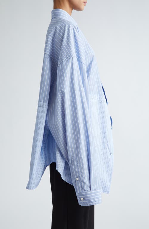 Shop Balenciaga Cut Up Stripe Asymmetric Oversize Cotton Button-up Shirt In Sky Blue/white