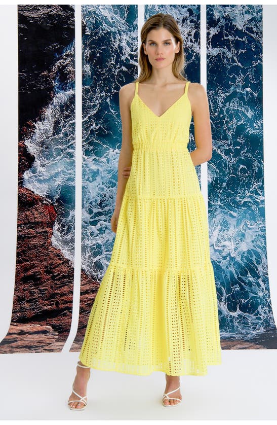 Shop Donna Morgan For Maggy Cutout Tiered Eyelet Maxi Sundress In Yellow