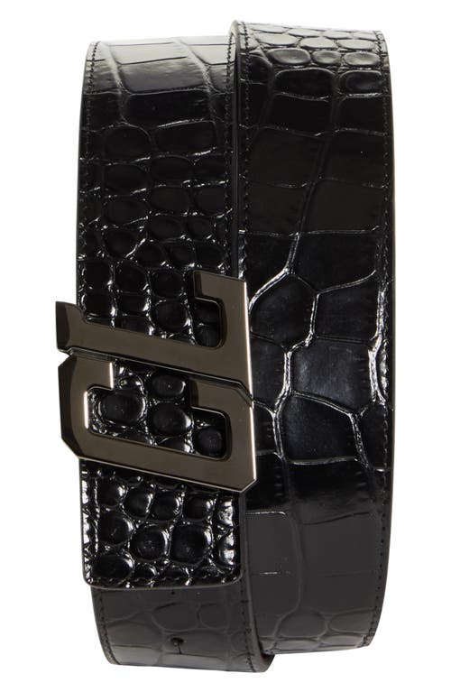 Happy Rui Logo Croc Embossed Calfskin Leather Belt in Black/Loubi/Gun Metal