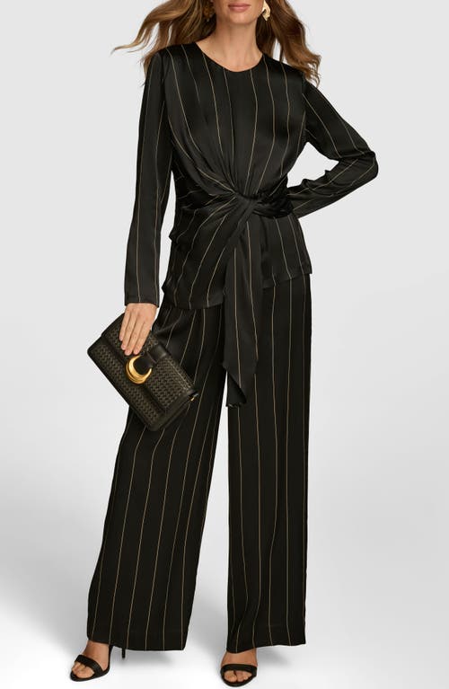 Shop Donna Karan New York Pinstripe Long Sleeve Tie Waist Satin Top In Black/ivory