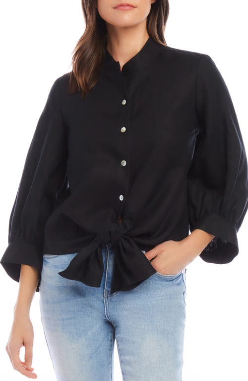 Tie Front Linen Blend Button-Up Top in Black