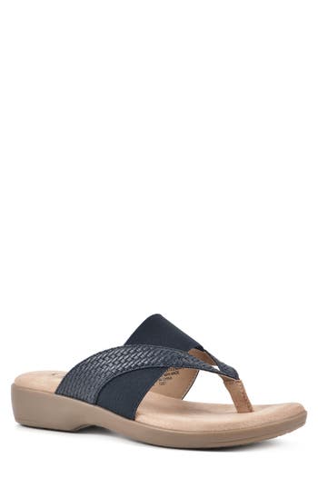 Shop Cliffs By White Mountain Bumble Embossed Faux Leather Sandal In Navy/woven/smooth