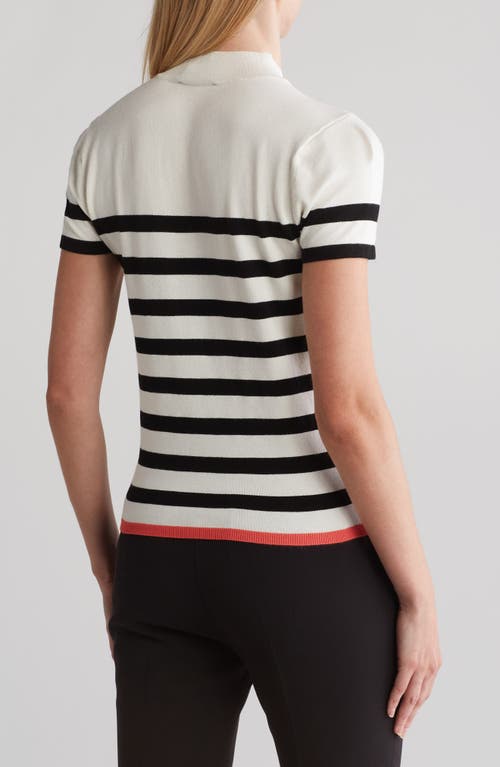 Shop Laundry By Shelli Segal Mock Neck Button Sleeve Jersey Sweater In White/black Stripe