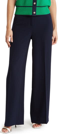 Nanette Lepore Womens Pants Size 4 Navy Blue Solid Wide Leg Slacks Cotton  Casual