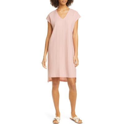 Petite Eileen Fisher V-Neck High/low Ribbed Shift Dress, Pink
