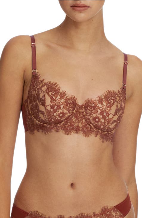 Womens Sexy Lace Bra Underwire Balconette Unlined Demi Sheer  Plus Size Rose Brown 42F