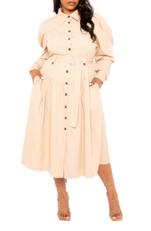 BUXOM COUTURE Long Sleeve Midi Shirtdress Beige at Nordstrom, X