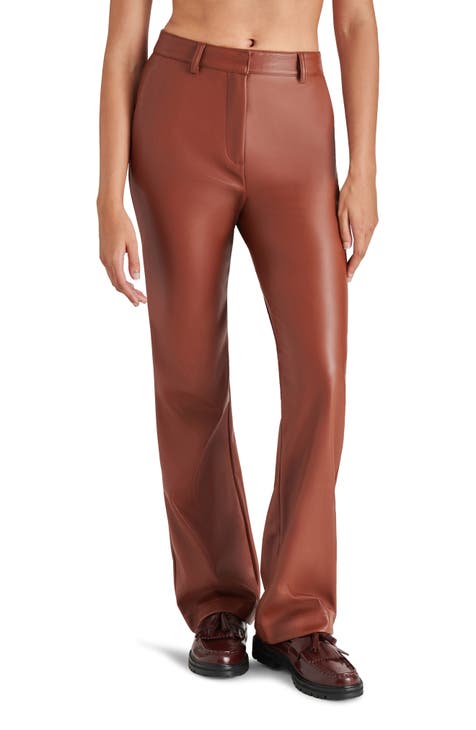 Topshop Petite + Faux leather straight trousers in brown