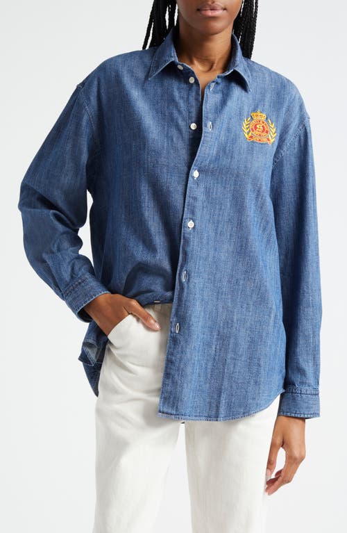 Shop Sporty And Rich Sporty & Rich Crest Denim Button-up Shirt In Blue Denim