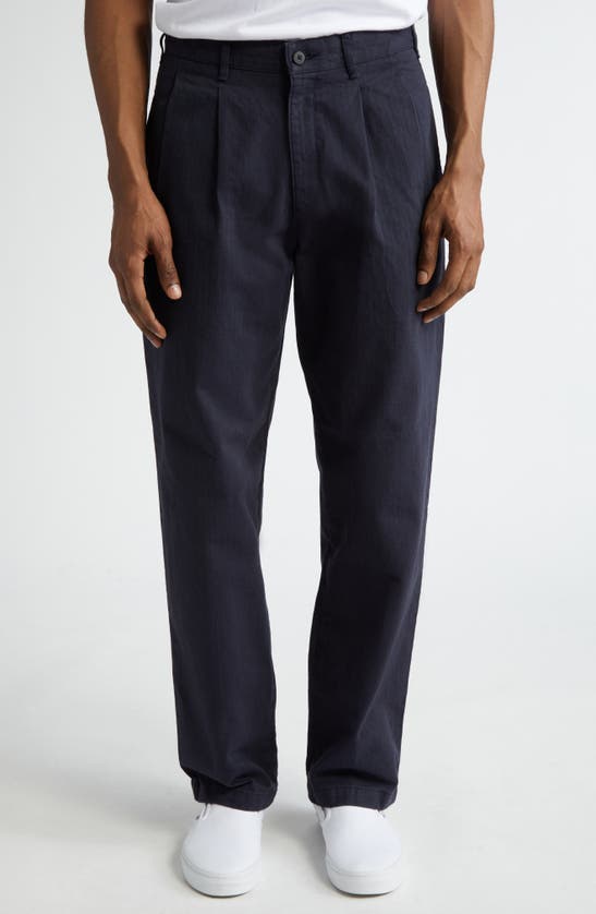 Shop Noah Double Pleat Cotton Herringbone Pants In Navy