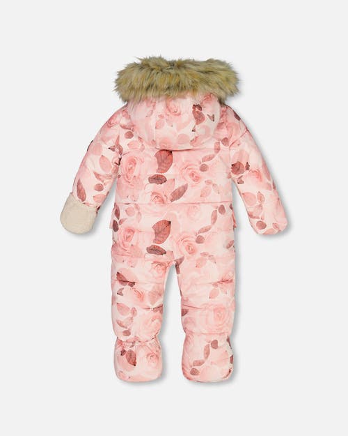 Shop Deux Par Deux Baby Girl's One Piece Baby Hooded Snowsuit Printed Roses Designed For Car Seat In Printed Tonal Roses