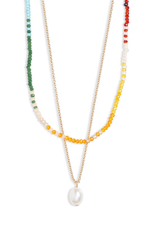 Imitation Pearl Pendant Layered Necklace in Bright Multi- Gold