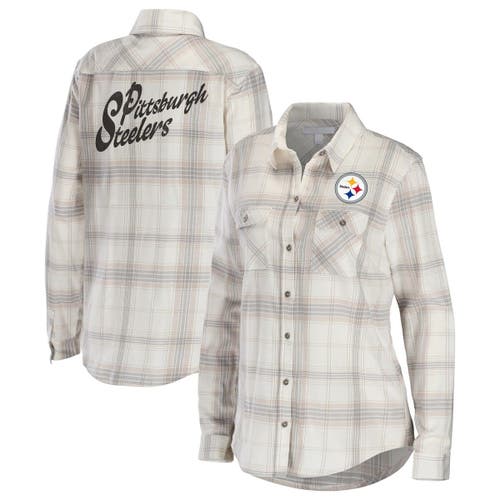 Women's WEAR by Erin Andrews Cream/Gray Pittsburgh Steelers Plaid Flannel Tri-Blend Long Sleeve Button-Up Shirt