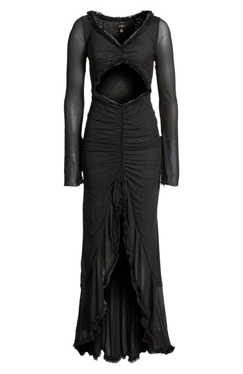 Shop Afrm Cat Ruched Semisheer Long Sleeve Cutout High-low Hem Maxi Dress In Noir