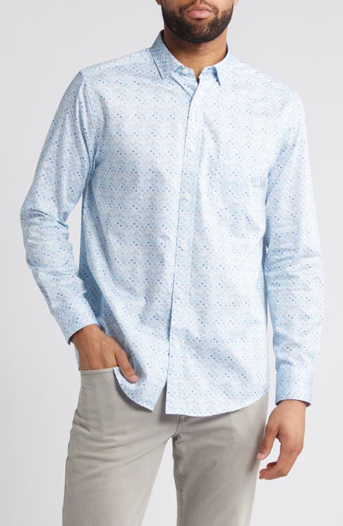 Diamond Print Cotton Button-Up Shirt in Aqua