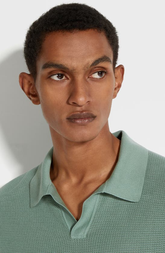Zegna Waffle Stitch Premium Cotton Polo Sweater In Agave