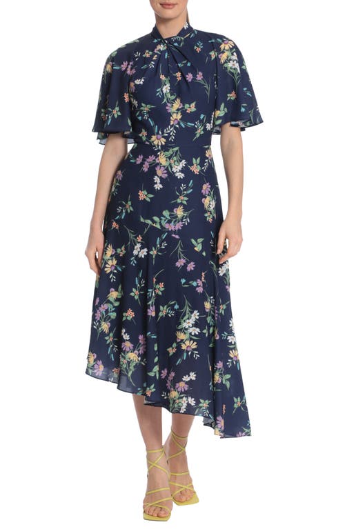 Shop Maggy London Floral Asymmetric Hem Midi Dress In Navy/orchid