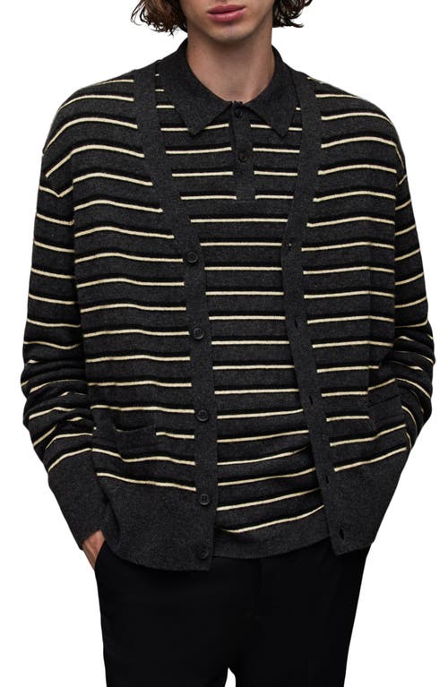 AllSaints Stafford Stripe Wool Blend Cardigan in Cinder Marl/Black/Yellow at Nordstrom, Size X-Small