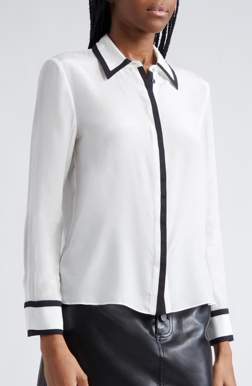 Shop Alice And Olivia Alice + Olivia Willa Contrast Trim Silk Button-up Top In Off White/black