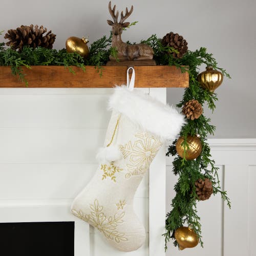 Northlight 20" Cream With Gold Snowflakes Christmas Stocking With Faux Fur Cuff In White
