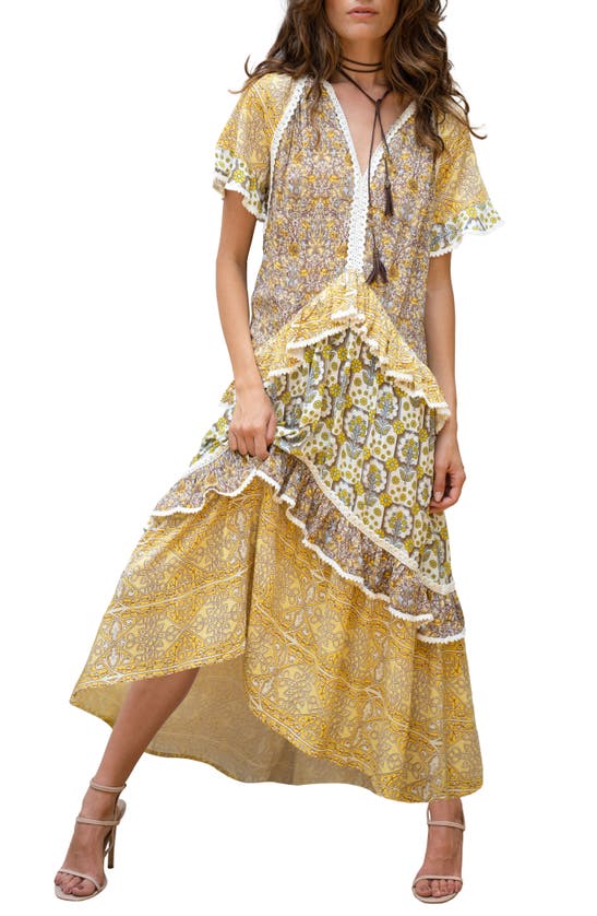 Barok Paris Mixed Print Short Sleeve Tiered Dress In Yellow