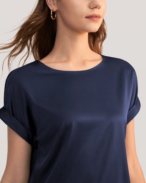 Lilysilk Short Sleeves Round Neck Silk Tee In Navy Blue