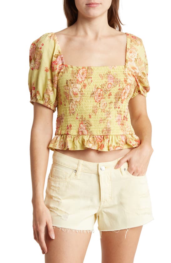 Band Of The Free The Wanderer Puff Sleeve Crop Top In Chartreuse Spiced Coral