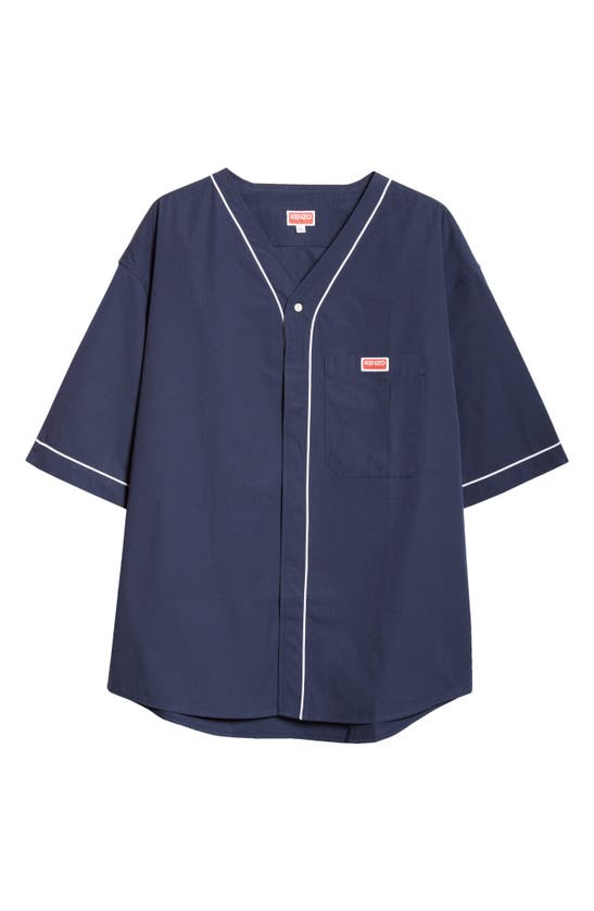 Shop Kenzo Baseball Short Sleeve Cotton Button-up Shirt In Midnight Blue