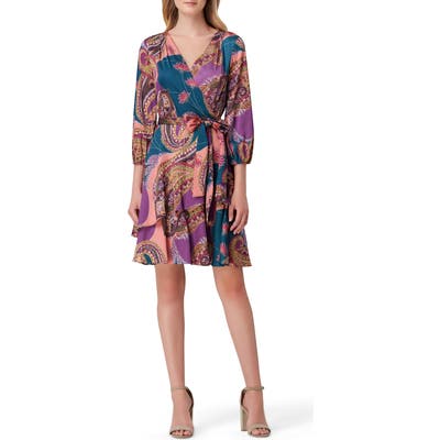 Tahari Paisley Print Faux Wrap Satin Georgette Dress, Pink