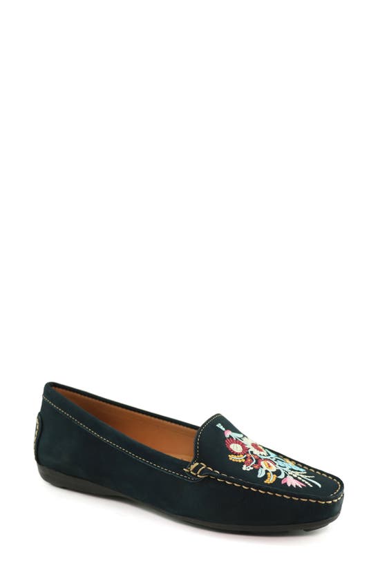 Driver Club Usa Nashville Embroidered Loafer In Navy Nubuck/ Contrast Stitch