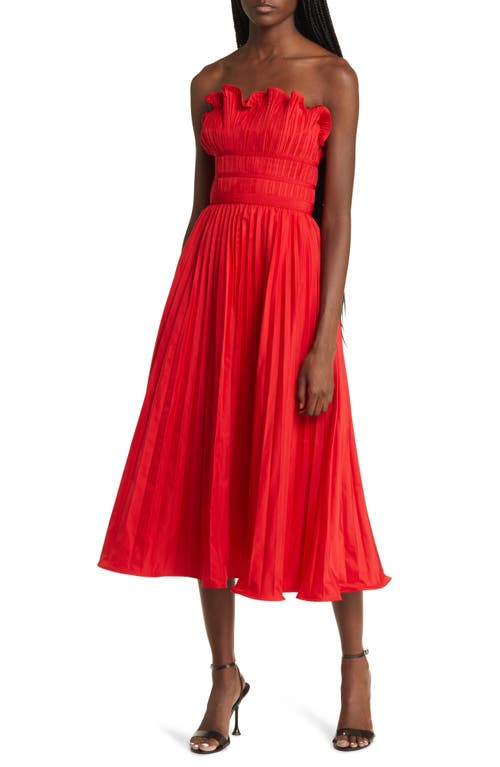 Strapless Pleated Midi Dress in Red