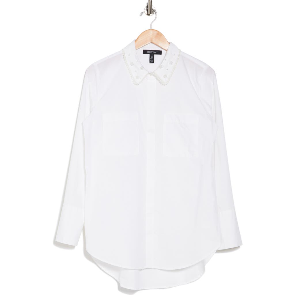 Ellen Tracy Beaded Collar Button-up Shirt In White