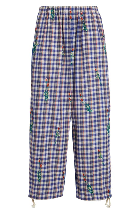 Shop Tao Comme Des Garçons Check Floral Embroidered Cotton Twill Pants In Blue/ Orange X Blue