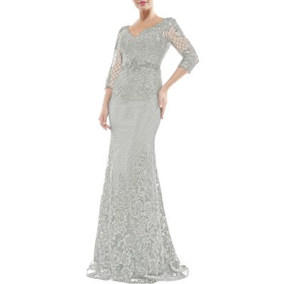 Marsoni V-Neck Lace Overlay Gown, Metallic
