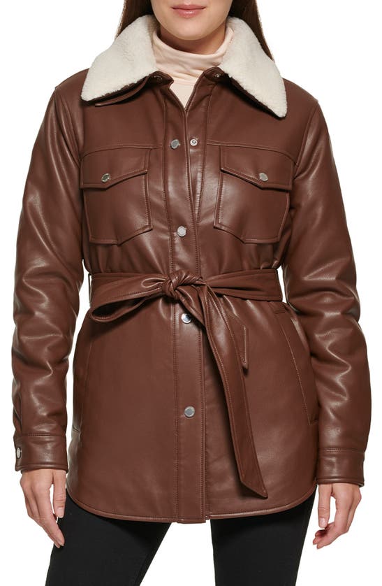 Shop Kenneth Cole Faux Leather Tie Belt Shacket With Removable Faux Shearling Collar In Chocolate