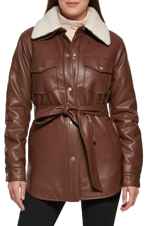 Faux Leather Tie Belt Shacket with Removable Faux Shearling Collar in Chocolate