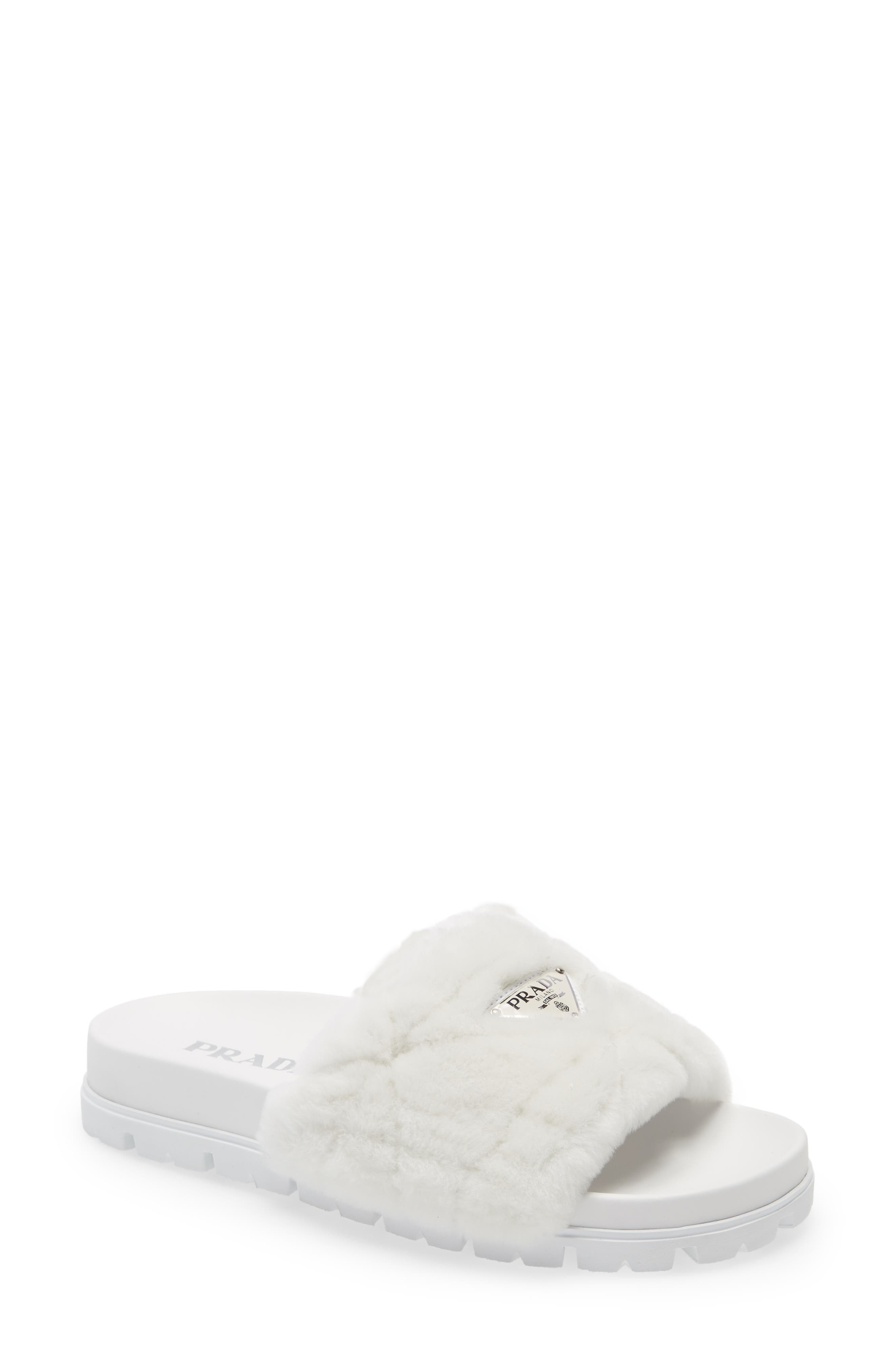 Prada Logo Genuine Shearling Slide Sandal in Bianco at Nordstrom, Size 11Us