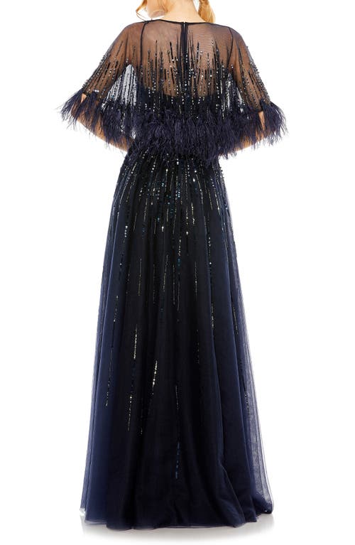 Shop Mac Duggal Sequin & Feather A-line Gown In Navy