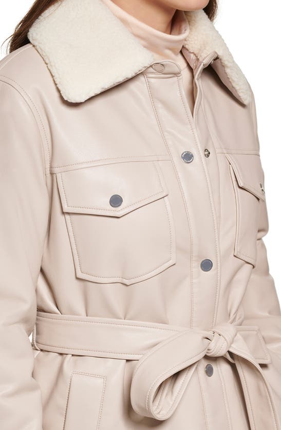 Shop Kenneth Cole Faux Leather Tie Belt Shacket With Removable Faux Shearling Collar In Bone