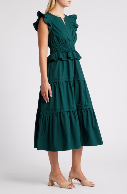 Shop Moon River Flutter Sleeve Tiered Cotton Dress In Dark Green