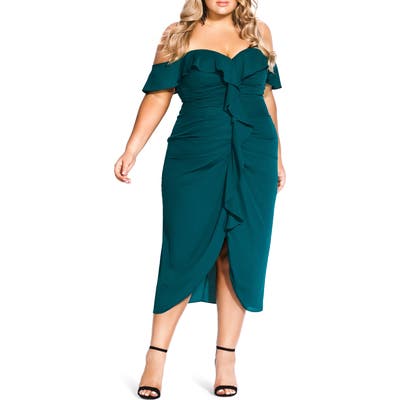 Plus Size City Chic Va Va Voom Ruched Ruffle Dress, Green