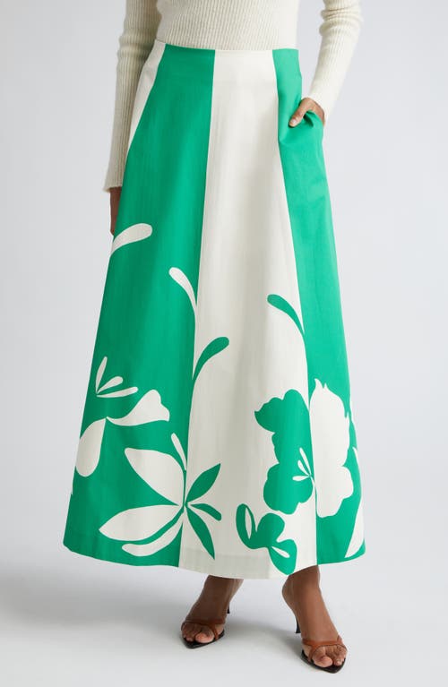 Nokturno Floral Print Stripe A-Line Maxi Skirt in Green